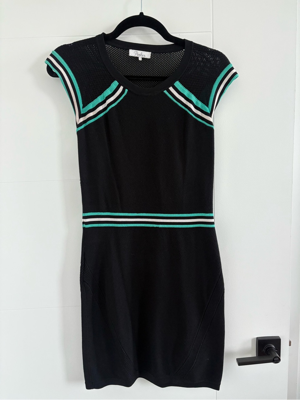 Parker Black Knit Dress with Mint & White Stripes